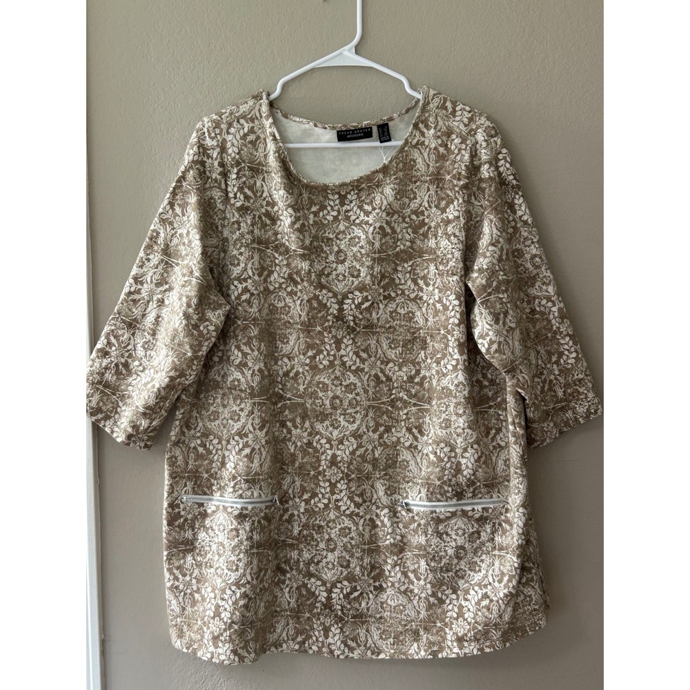 Susan Graver Weekend Tan Damask Floral Zipper Pocket Tunic Top 1X A346372